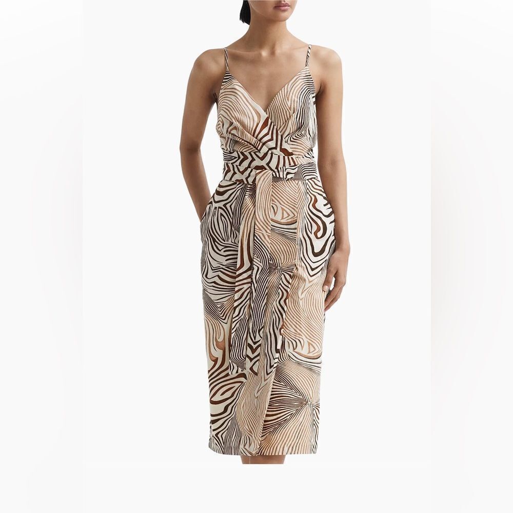 Reiss NWT Rosie Fitted Animal Print Beige Tie Waist Midi Dress Size 2 MSRP $395